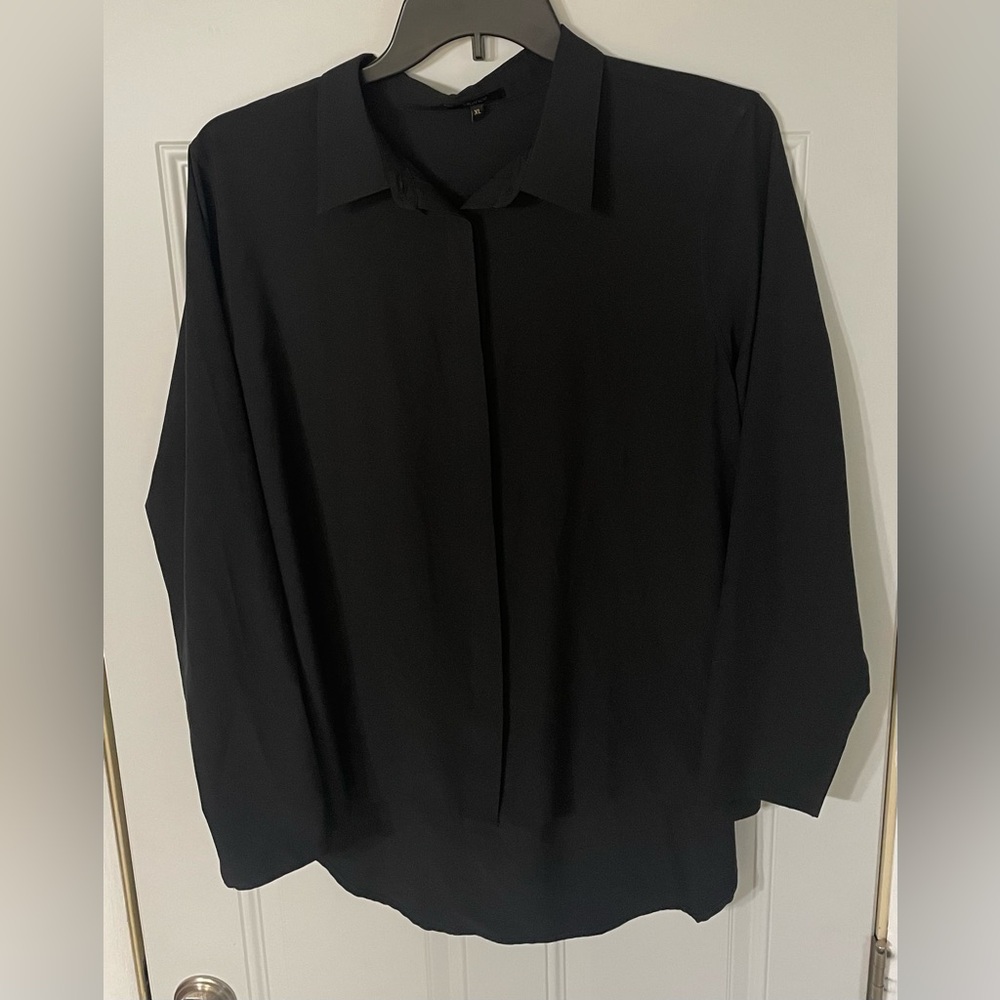 Quince Black Button Down Blouse Women’s XL Work Career Neutral High Low Office